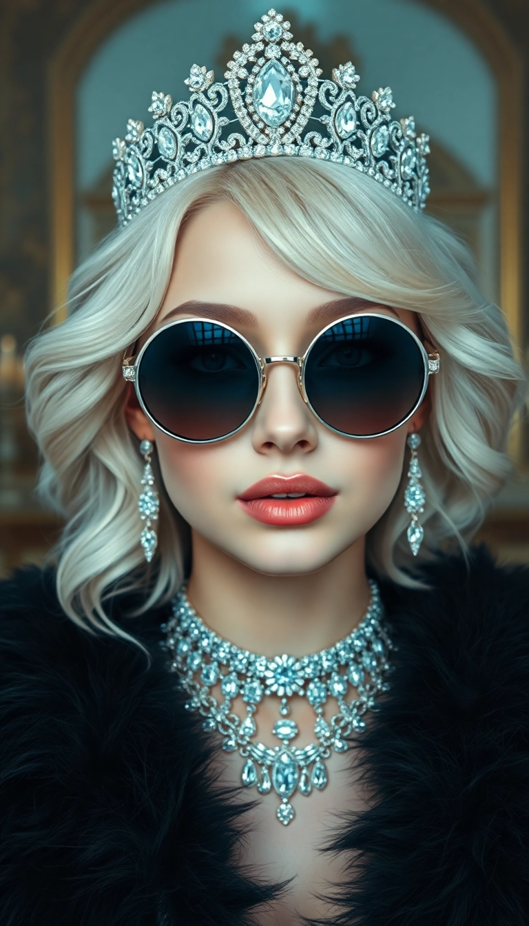 Free AI Young Platinum Blonde Queen in Black Fur iPhone Sleek Background